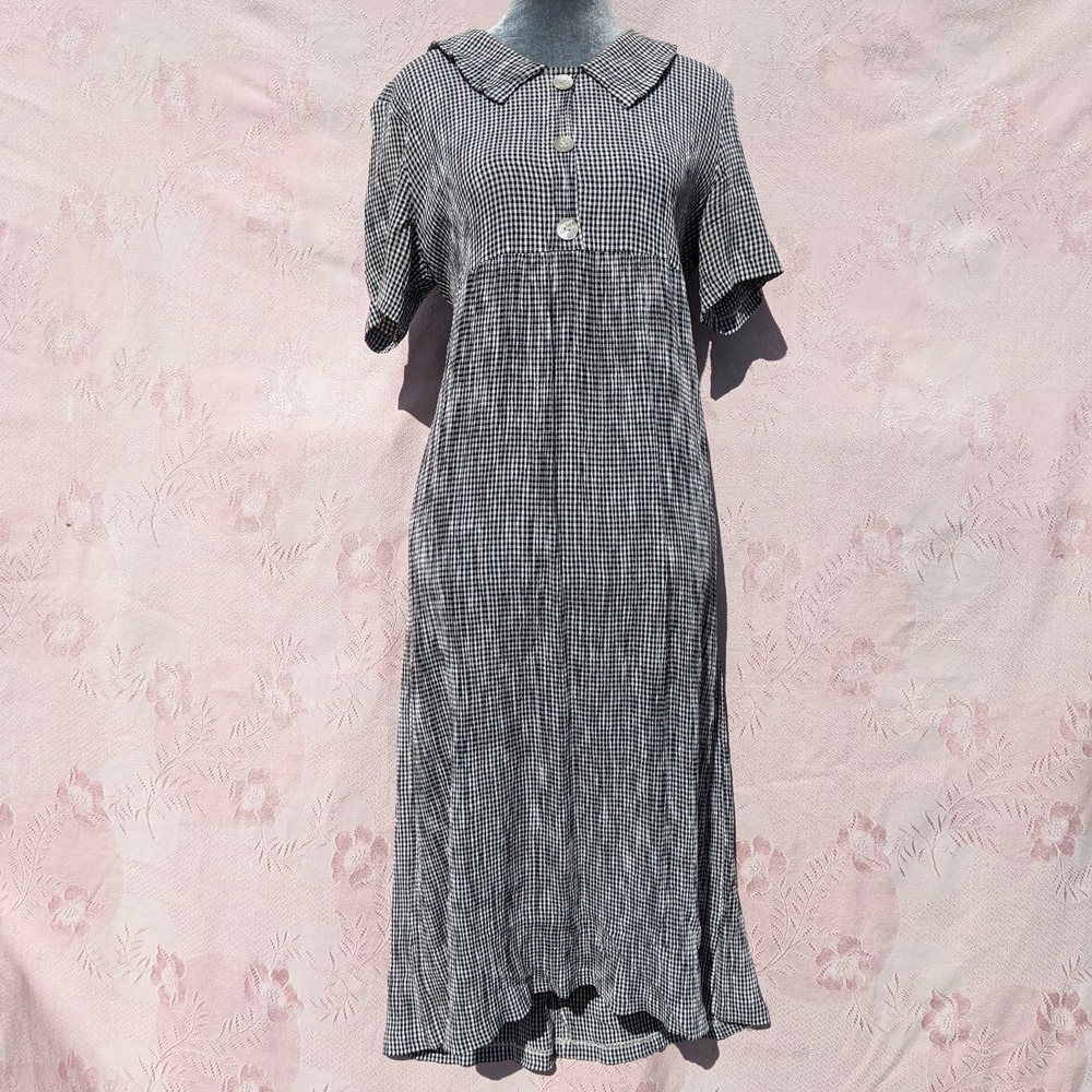Vintage 90s Gingham Midi Dress M Peter Pan Collar Babydoll Grunge Cottagecore